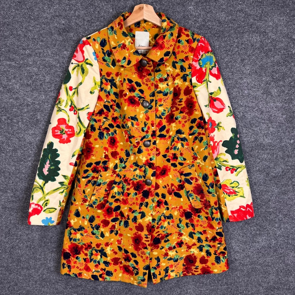 Elevenses Anthropologie Coat Womens 6 Orange Floral Excellent Mixed Print Jacket
